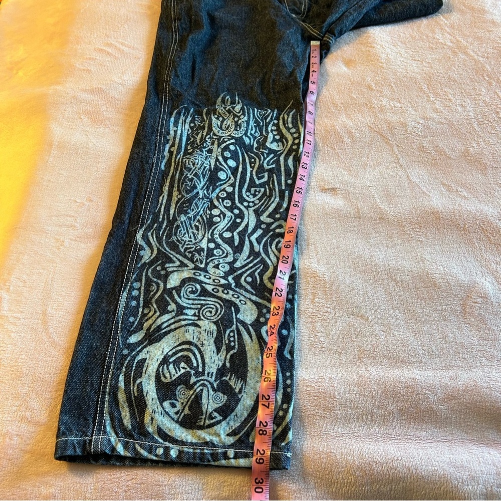 Crest Jeans vintage Y2K overalls with tribal design on legs size L rare - Picture 11 of 11